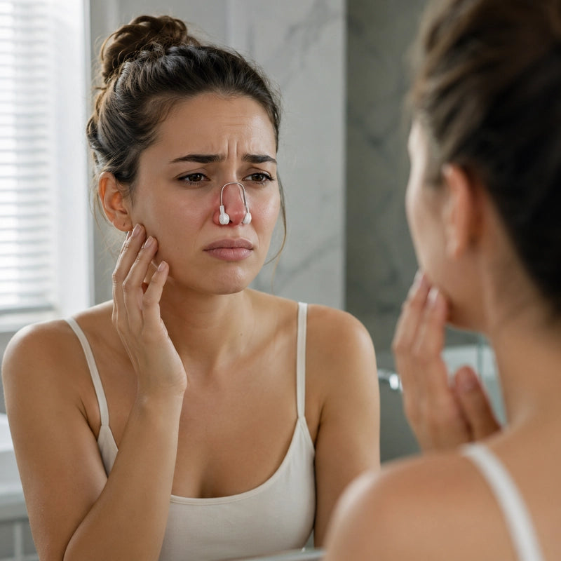Woman examining her profile in the mirror